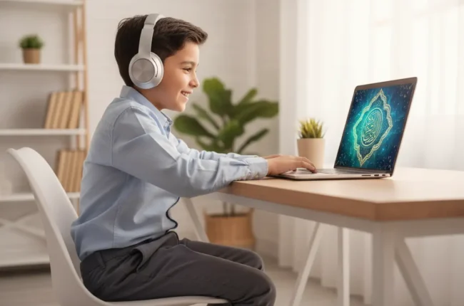 Muslim child smiling while attending an interactive online Quran class for kids