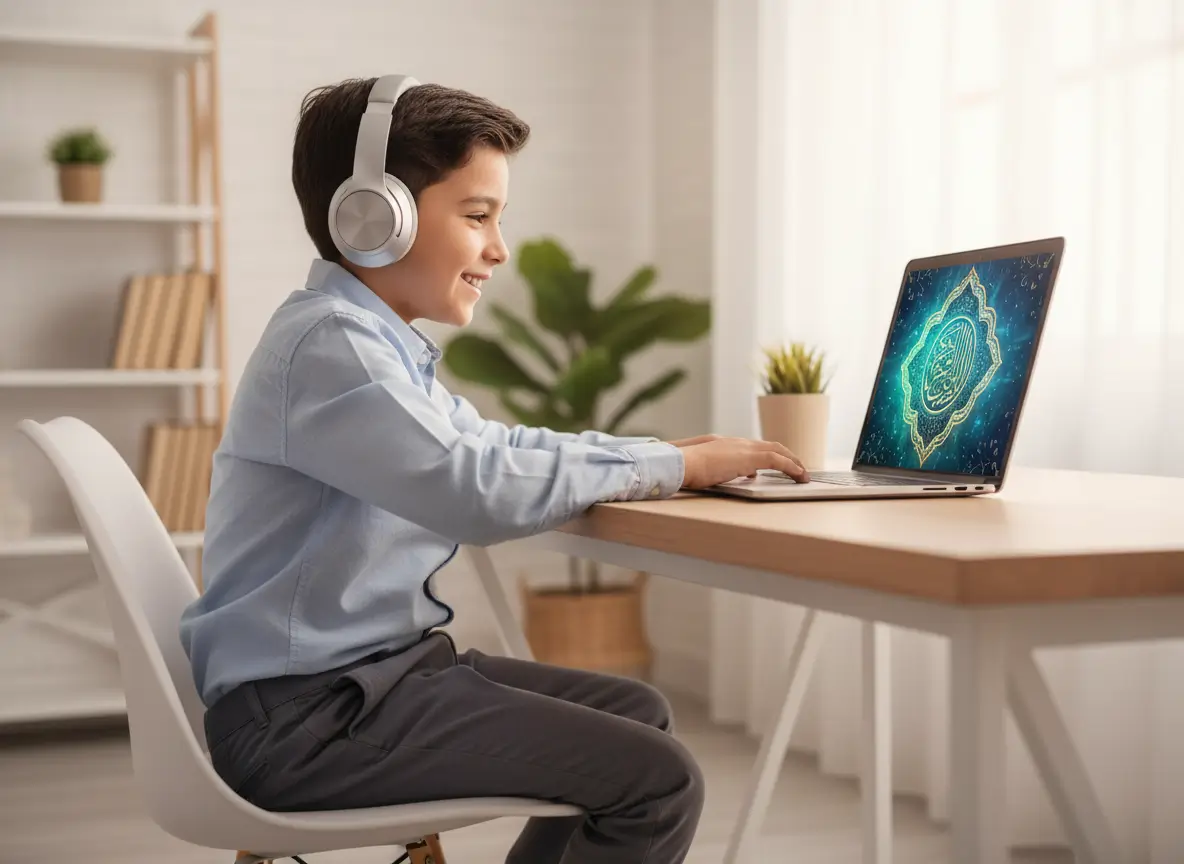 Muslim child smiling while attending an interactive online Quran class for kids