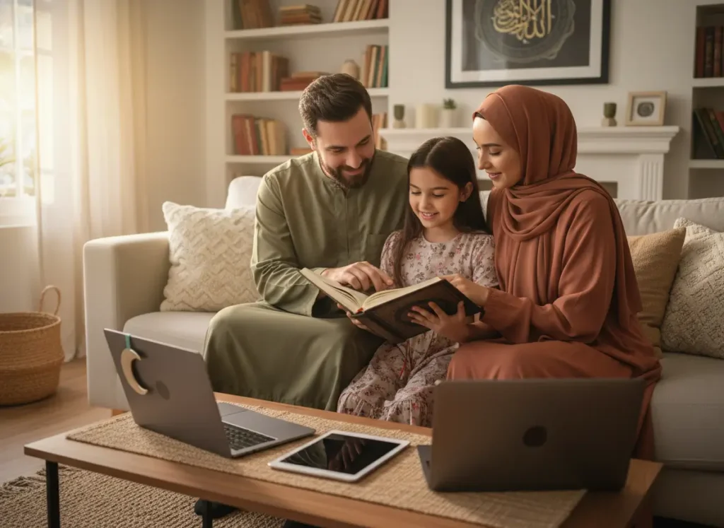 Muslim parents bonding with their child through Quran recitation at home quran classes for kids online