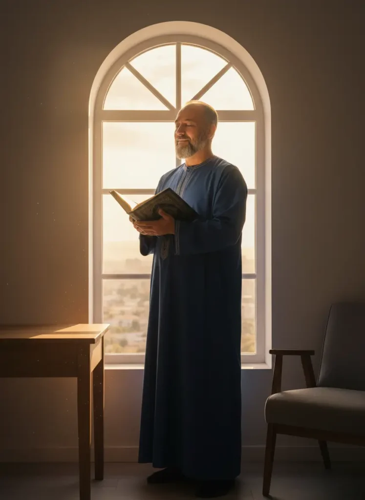 Muslim student feeling the peace of understanding Quranic verses directly without translation