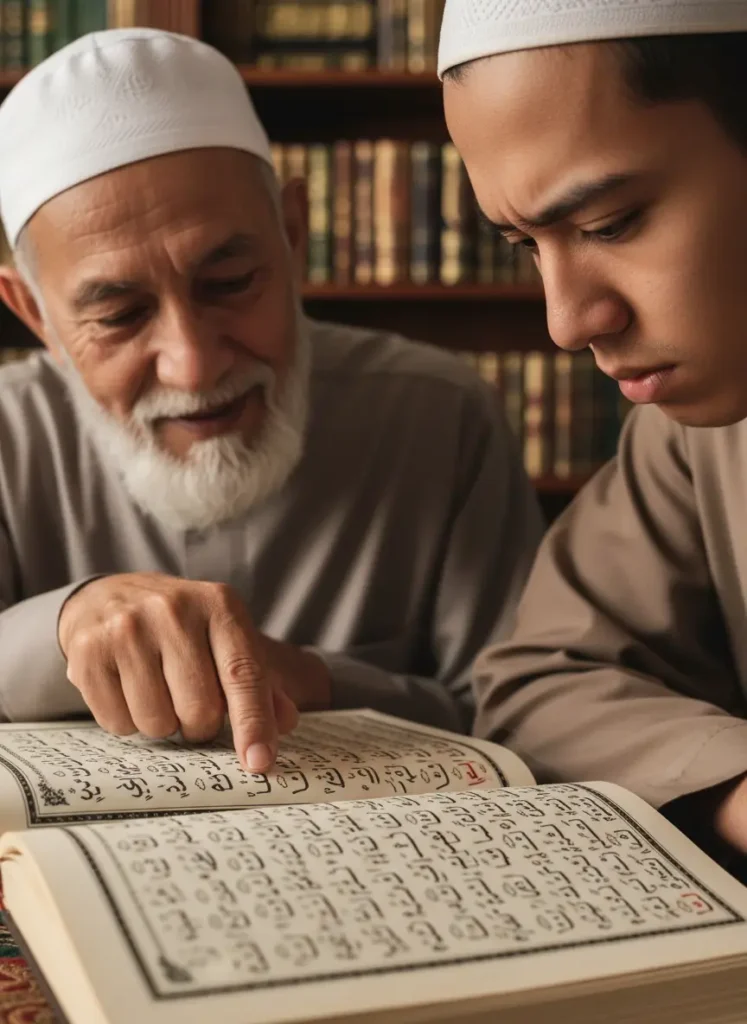 The traditional Talaqqi method of learning Quran where a teacher corrects a student's pronunciation in real-time