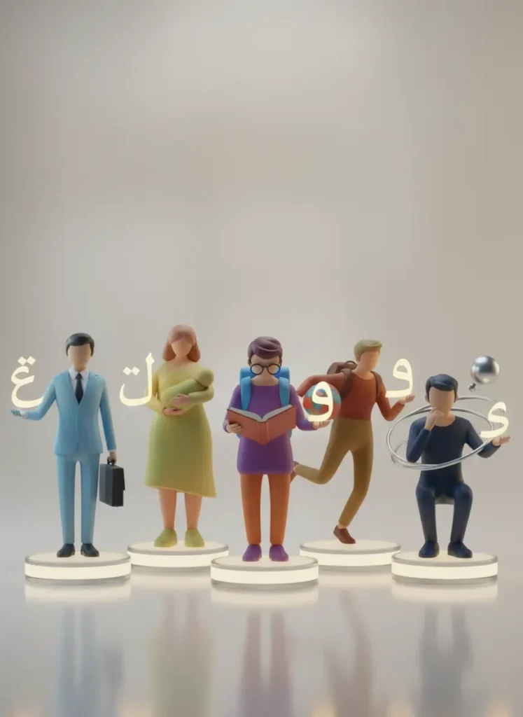 Diagram: Different profiles of self-paced Arabic learners, including busy professionals, parents, students, travelers, and gradual mastery seekers. Who benefits from learning Arabic at your own pace.