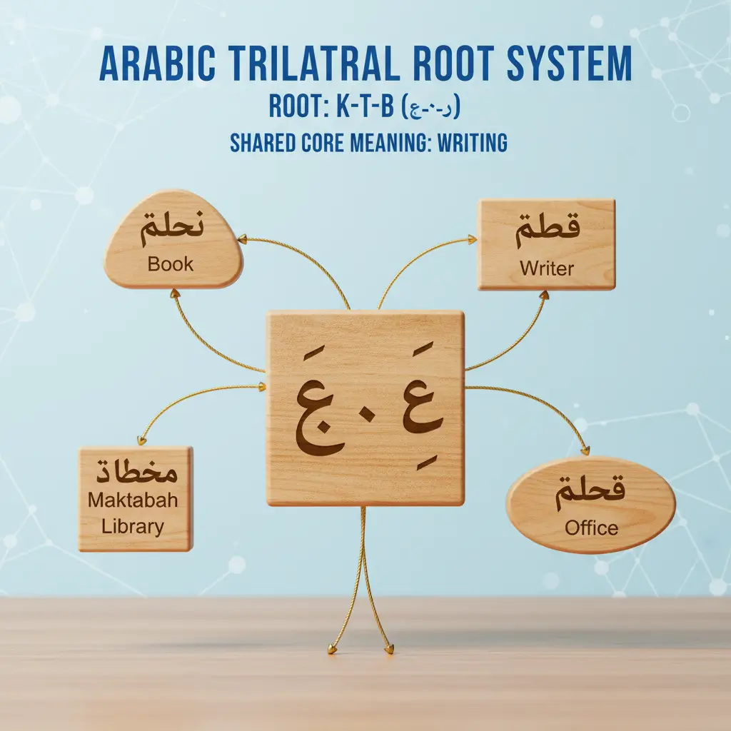 Infographic explaining the Arabic root system like Lego blocks. Understanding the logic of Arabic for beginners.