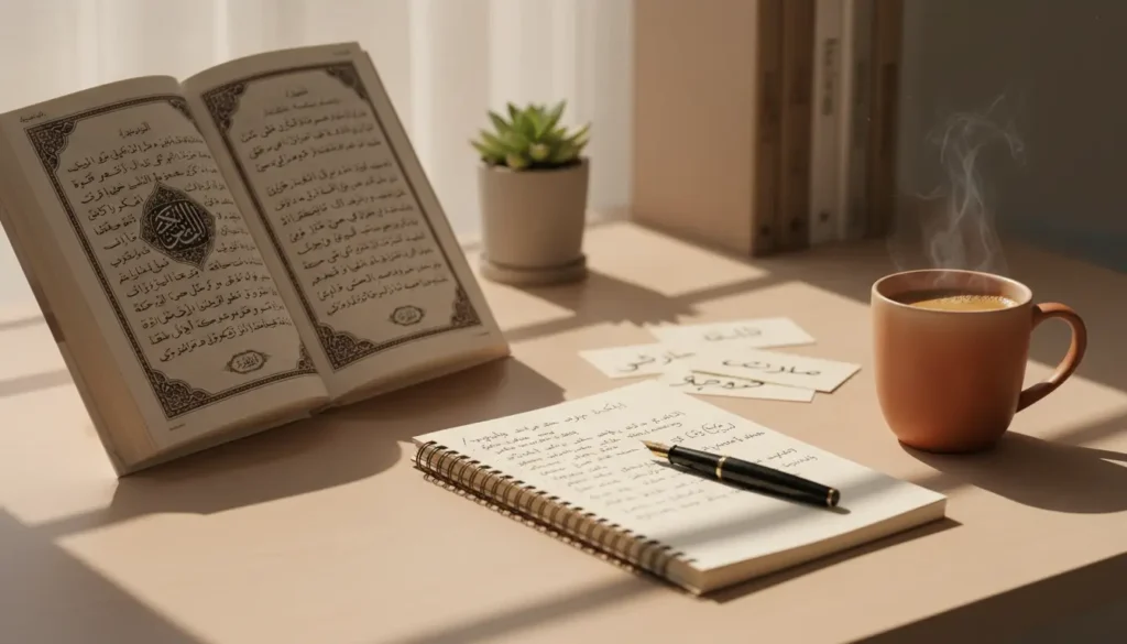 Open Quran on a desk with handwritten notes, a pen, steaming coffee, and a small potted plant in warm sunlight.