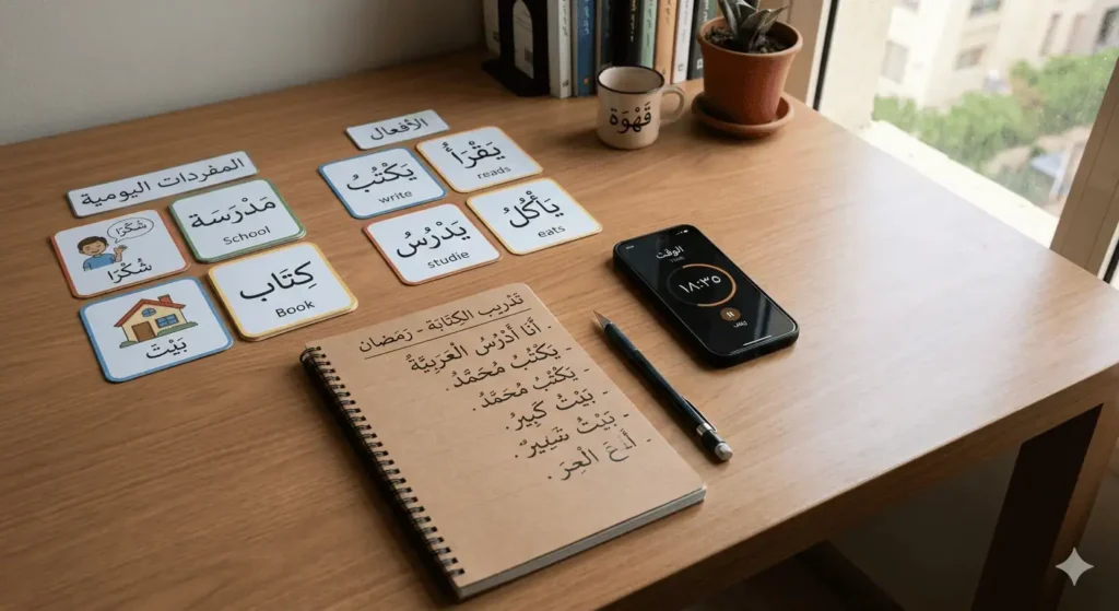 Arabic vocabulary learning setup on a wooden desk: colorful flashcards with words like 'Book', 'Write', 'School', 'Eat', 'Study' arranged beside a notebook, pencil, and phone, with a mug and plant by a window.