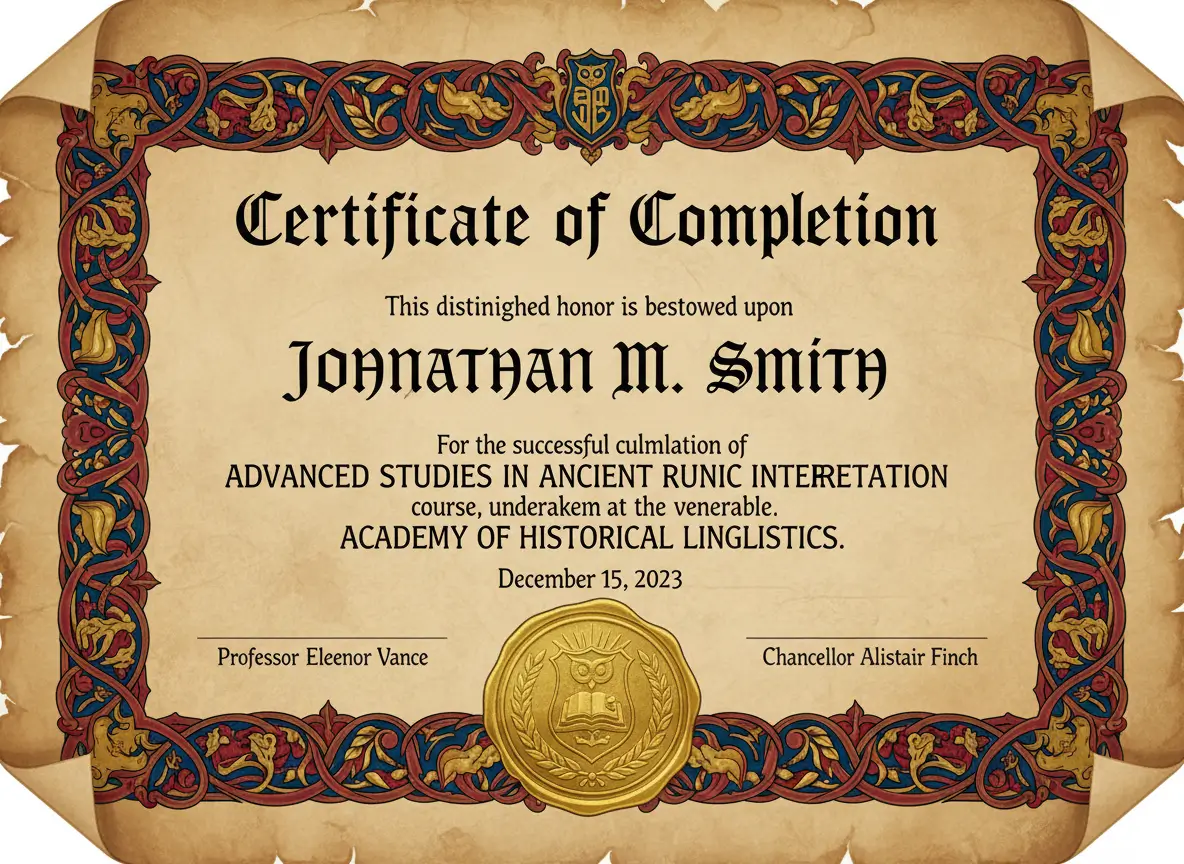 Decorative parchment certificate of completion with an ornate blue-red border and a gold seal, awarded to Jonathan M. Smith on December 15, 2023.