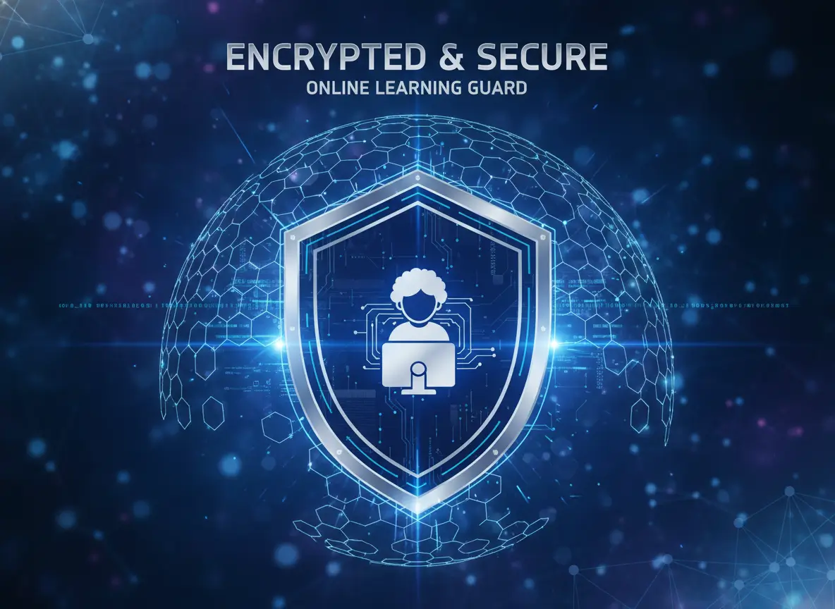 Digital globe with a glowing shield and user icon, symbolizing encrypted and secure online learning.