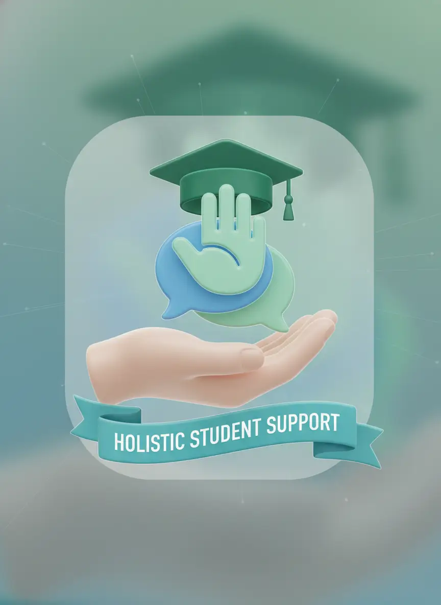 Hand cradling green graduation cap and chat bubbles, with a ribbon reading 'Holistic Student Support'—symbolizing supportive education services.