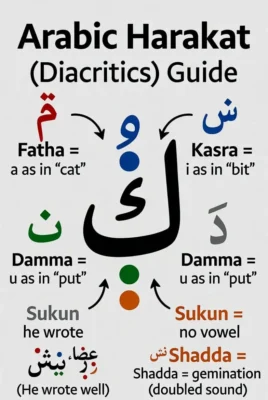 Infographic: Arabic Harakat Guide showing diacritics (Fatha, Kasra, Damma, Sukun, Shadda) with example letters and notes on their sounds.