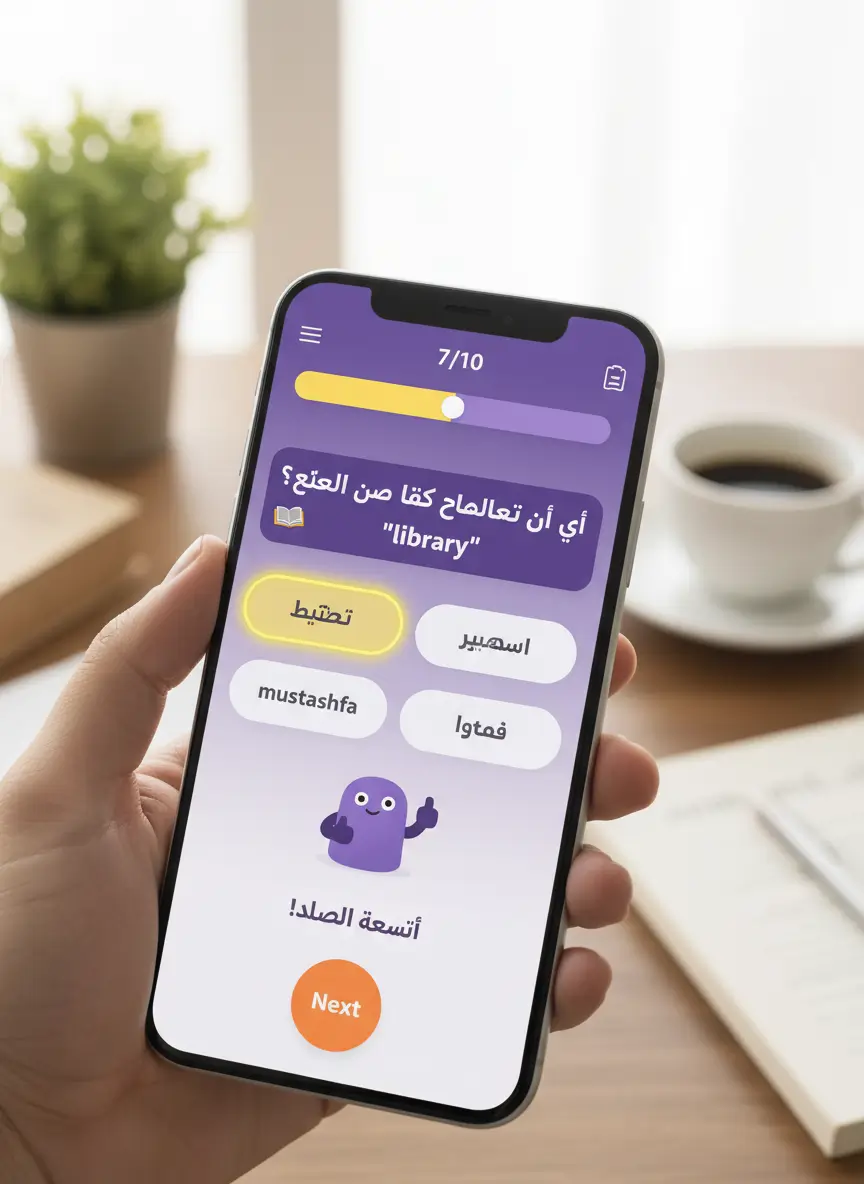 Hand holding a smartphone displaying an Arabic learning app, showing step 7/10 with a purple gradient UI and a purple mascot.