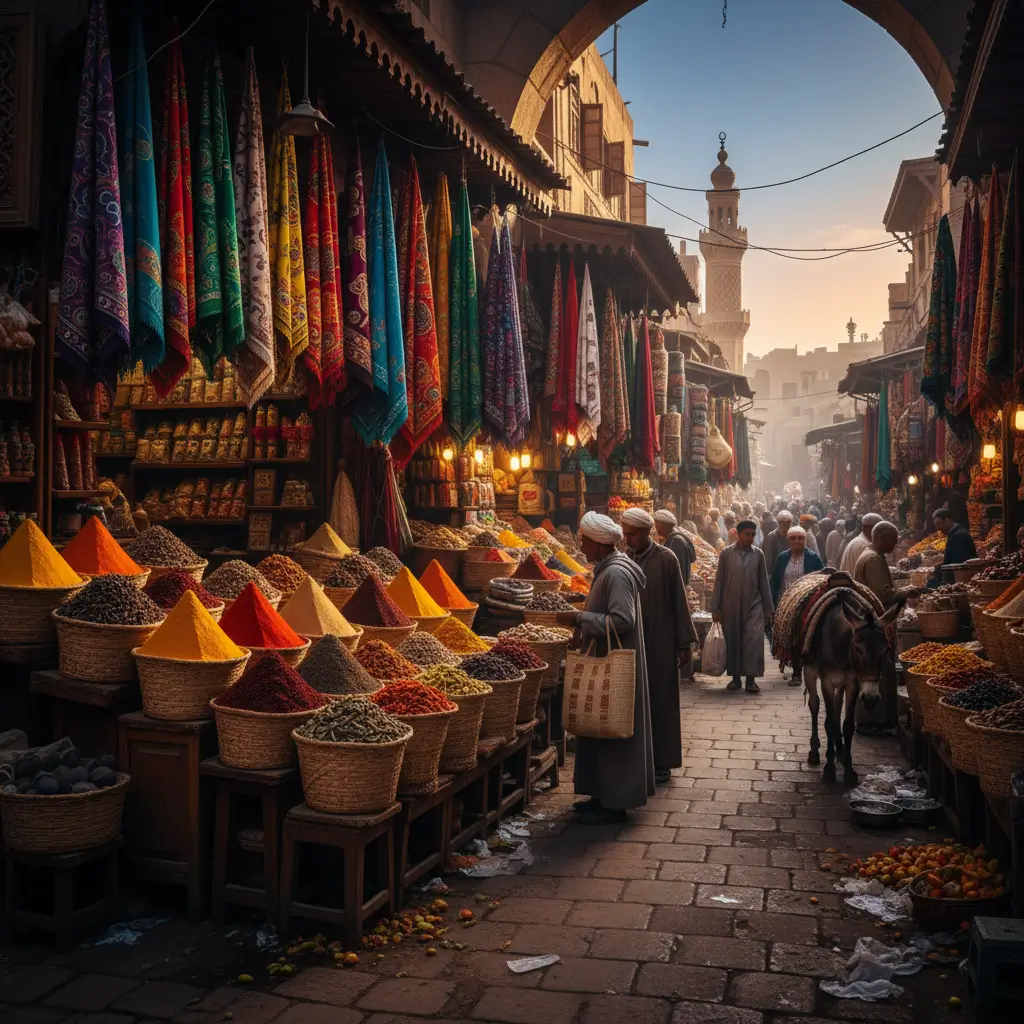 image_title Bustling spice market with baskets of colorful powders and hanging textiles along a narrow street at dusk. msa vs egyptian vs quranic arabic