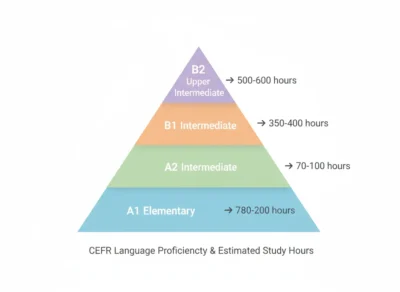 CEFR language proficiency pyramid with levels A1 to B2 and estimated study hours: A1 780–200 hours, A2 70–100 hours, B1 350–400 hours, B2 500–600 hours (caption: CEFR Language Proficiency & Estimated Study Hours).