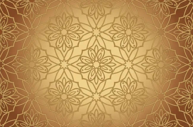 Decorative gold mandala pattern repeating across a bronze-brown background.