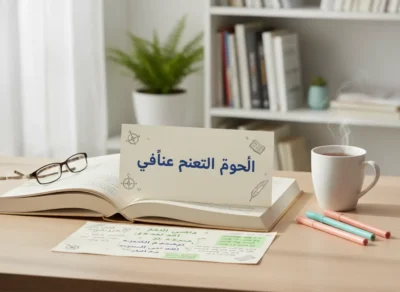 Desk scene with an open book, reading glasses, a coffee mug, pastel pens, and an Arabic note card placed in front.