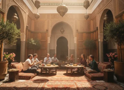 image_title Eight friends sit on floor cushions around low tables, toasting drinks in a sunlit Moroccan riad with carved stucco arches, lanterns, and potted trees in a patterned courtyard.