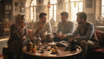 image_title Four friends sit around a round wooden table in a warmly lit cafe, sharing tea, snacks, and conversation.