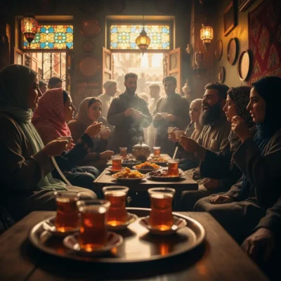 Group of people seated around a low table, sharing tea and snacks in a warmly lit, decor-rich cafe in the evening, smiling and conversing.