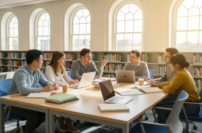 Group of students around a library table with laptops, notebooks and coffee cups in a bright study space.