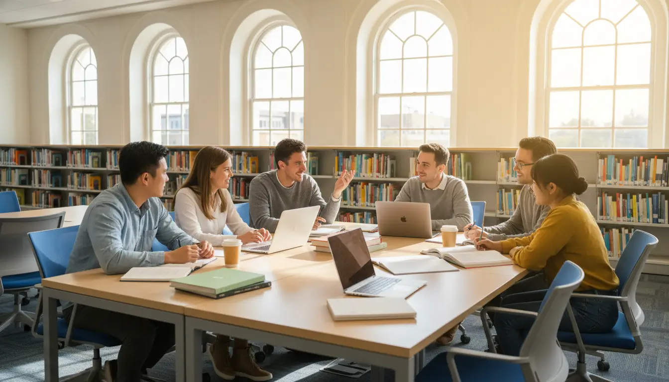 Group of students around a library table with laptops, notebooks and coffee cups in a bright study space.