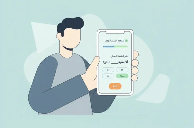 Illustration of a person holding a smartphone showing an Arabic app screen with a progress bar and orange submit button.