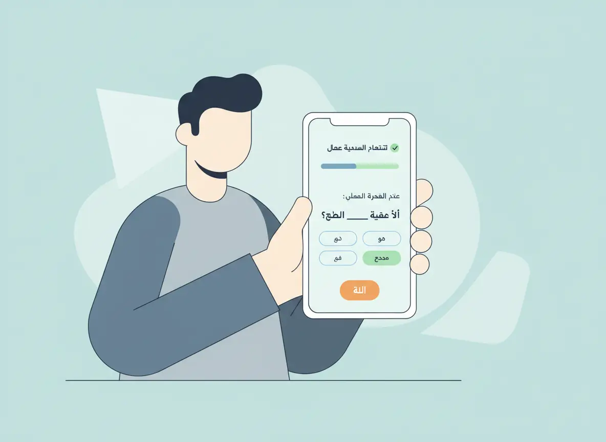 Illustration of a person holding a smartphone showing an Arabic app screen with a progress bar and orange submit button.