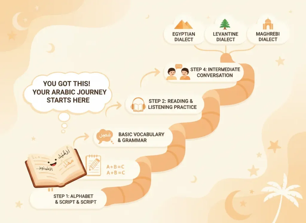 Infographic guiding an Arabic-learning path: Step 1 alphabet and script, Step 2 reading/listening, Step 4 intermediate conversation, plus dialect icons at top.