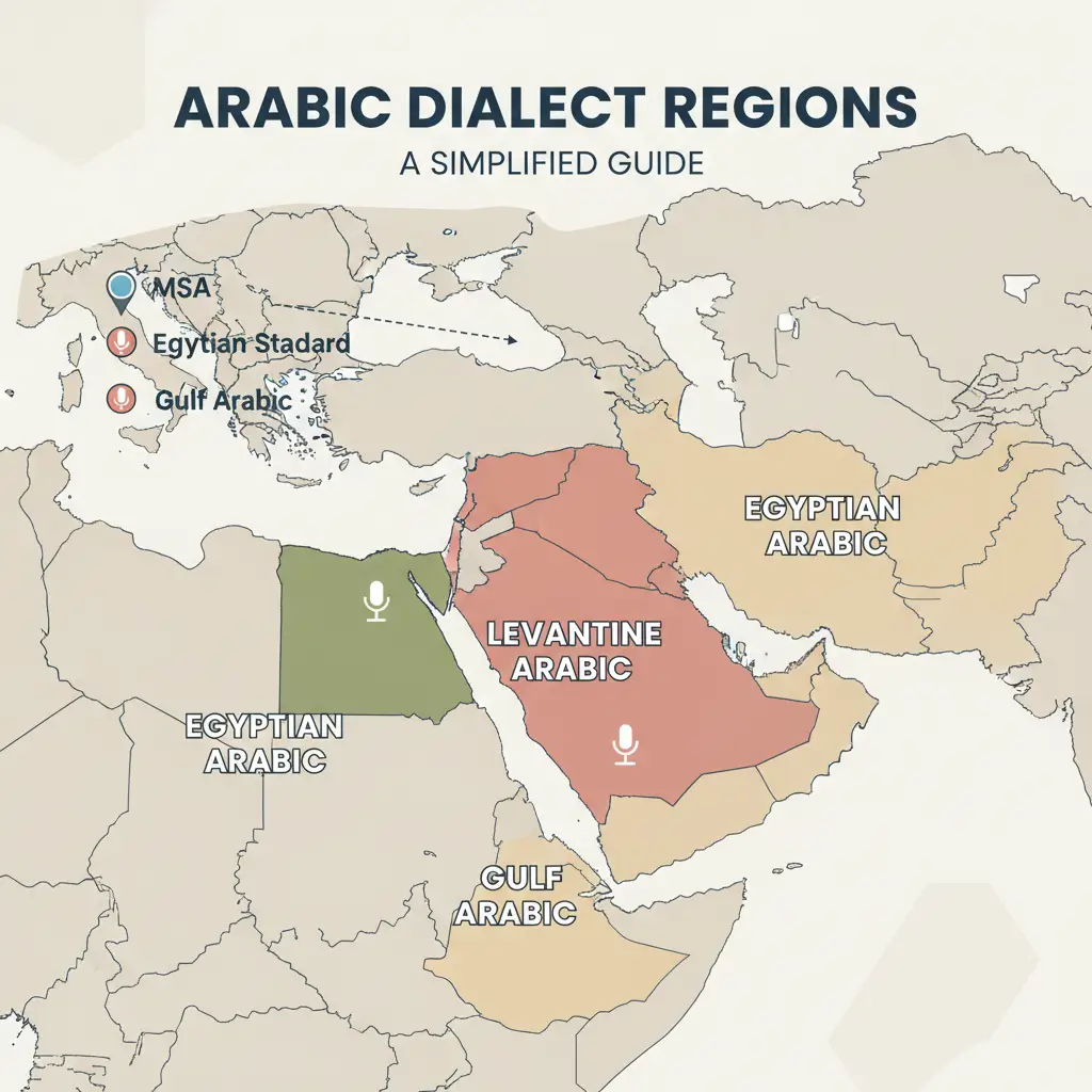 Infographic map titled 'Arabic Dialect Regions' showing Levantine Arabic (red), Gulf Arabic (green), Egyptian Arabic (tan) with microphone icons indicating audio, and a simplified guide layout.