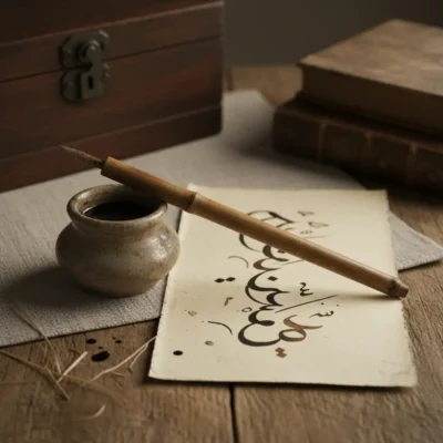 Ink pot with a bamboo calligraphy pen resting on a sheet of Arabic calligraphy on a rustic table.