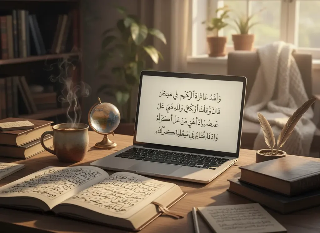 Laptop on a wooden desk showing Arabic script, with an open Quran, globe, steaming mug, and stacked books in a cozy study. learn arabic from zero