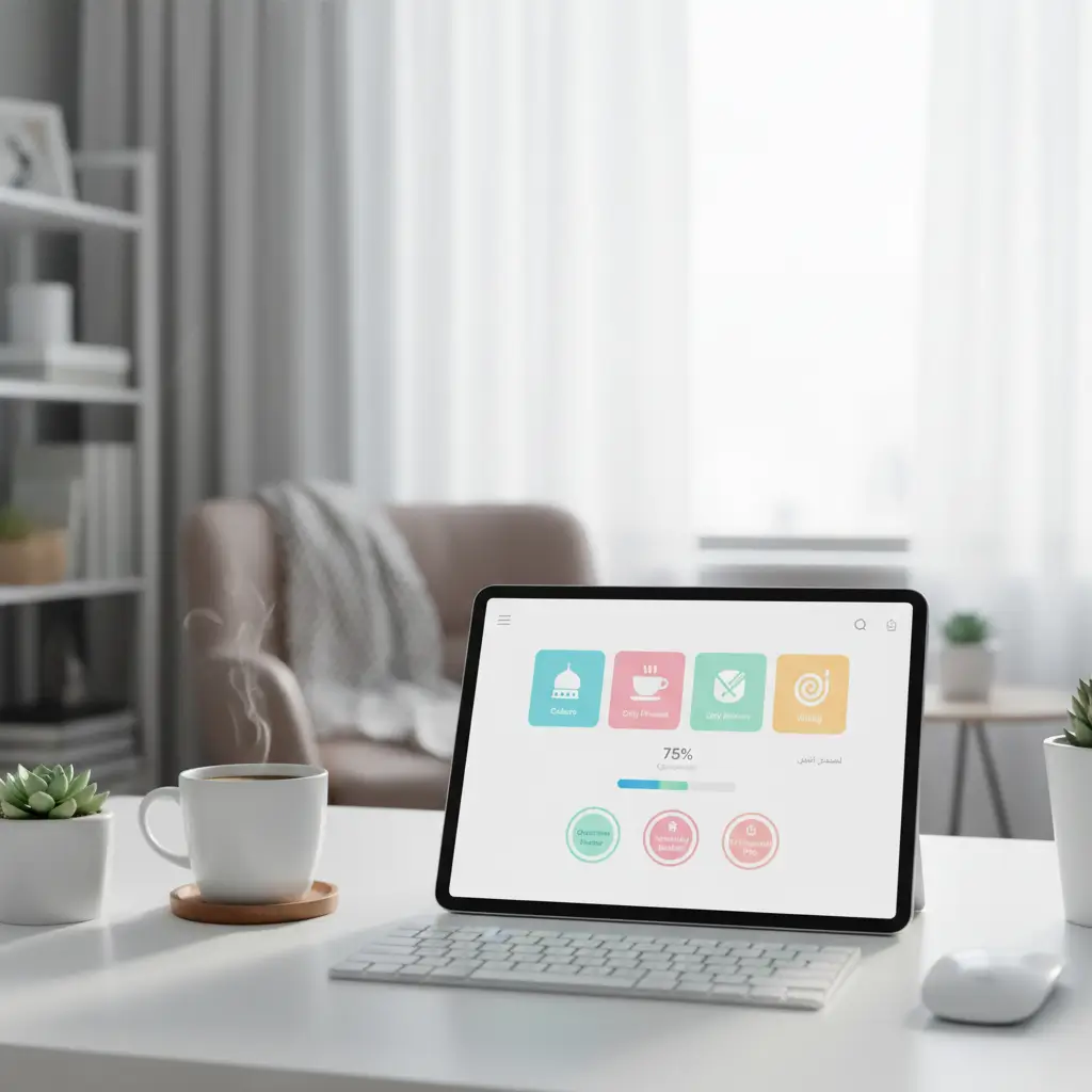 Tablet on a white desk displaying a pastel-colored app dashboard with a progress bar, in a bright home office with a coffee cup and plants nearby