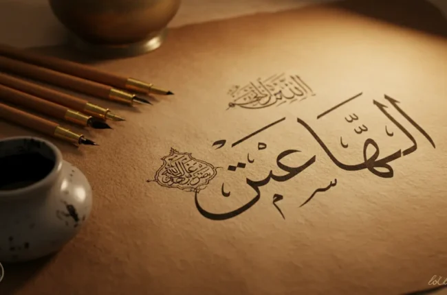 Arabic calligraphy on parchment with an ink pot and reed pens nearby, warm lighting set-up for writing art