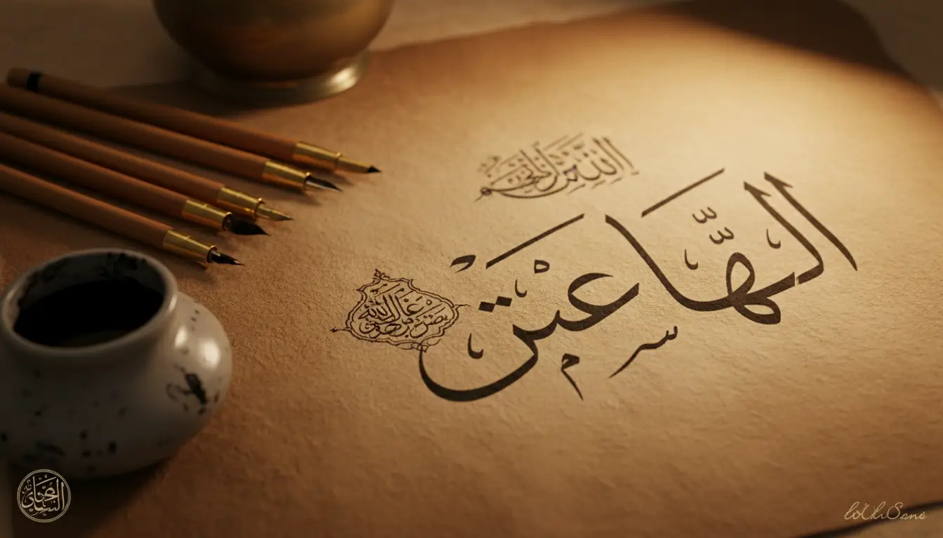 Arabic calligraphy on parchment with an ink pot and reed pens nearby, warm lighting set-up for writing art