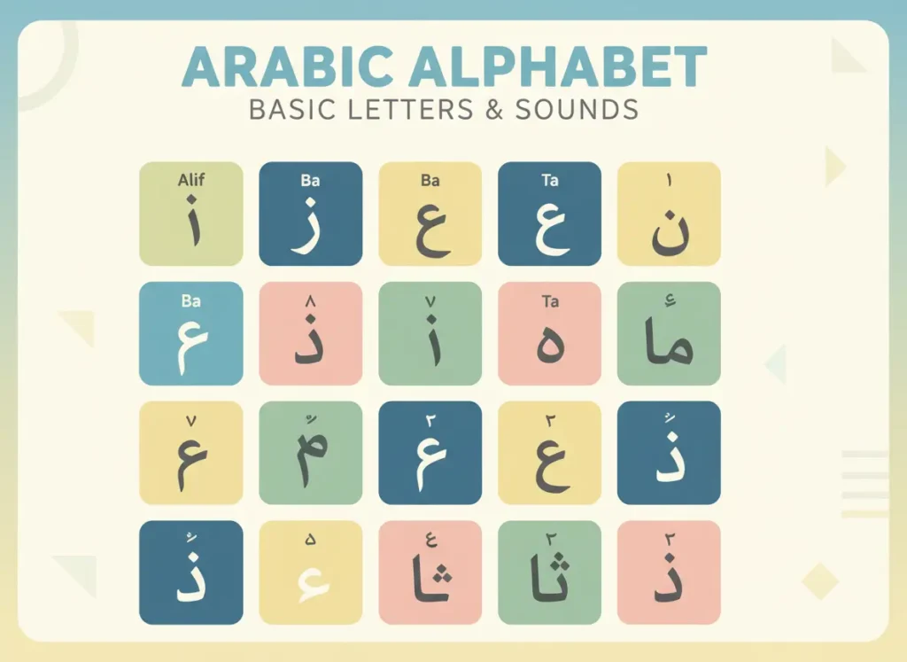 Educational app screen showing the Arabic alphabet: a grid of colored tiles, each with an Arabic letter and its transliterated name, under the heading arabic alphabet vs pronunciation