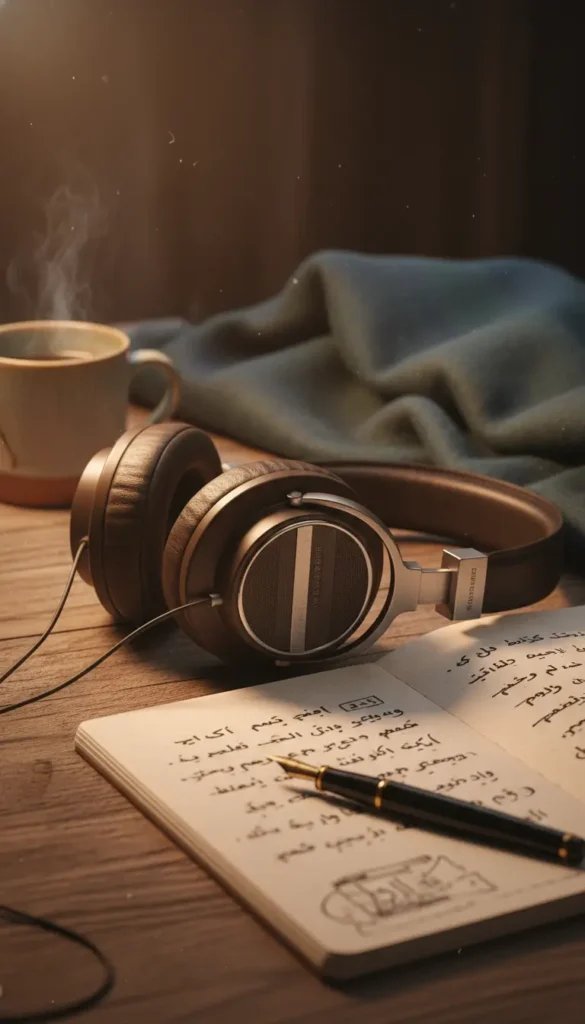 Headphones on a wooden table beside a steaming mug and an open notebook with Arabic writing and a pen.