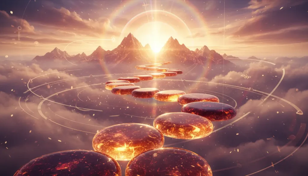 Abstract scene of glowing orange stepping stones forming a path through clouds toward a bright sunrise over mountains in the distance.