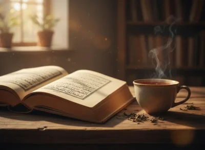 Open Arabic book on a wooden table with a steaming mug of tea in a warm, sunlit room.