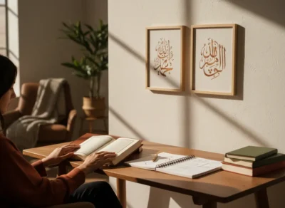 Person sits at a wooden table reading an open book, with a notebook, pencil, and stacked books nearby; two framed Arabic calligraphy artworks on the wall behind.