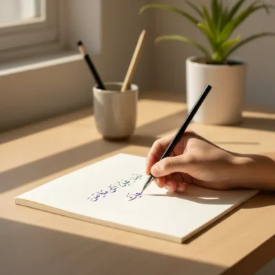 Person writing in Arabic on a white notebook with a black pen at a wooden desk by a window, with a pencil cup and plant in the background.