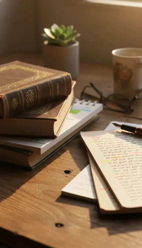 Stack of antique hardcover books on a wooden desk, with a notebook, glasses, a pen, a mug, and a small potted succulent in the background.