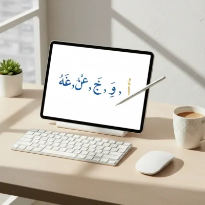 Tablet on a stand showing Arabic text with a stylus, on a light desk with keyboard, mouse, coffee cup, and plant.