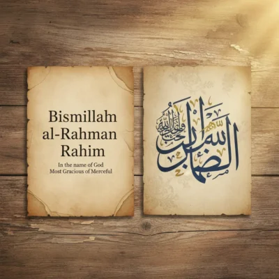 Two aged parchment sheets on a wooden table; left shows the text'Bismillah al-Rahman Rahim' with translation, right features ornate Arabic calligraphy of the same phrase.