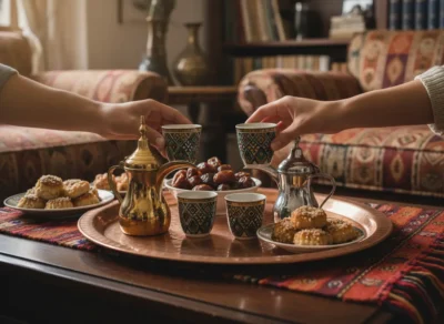 image_title Two people share a formal tea service in a cozy living room, lifting ornate patterned tea cups from a copper tray with plates of pastries nearby. msa vs egyptian vs quranic arabic