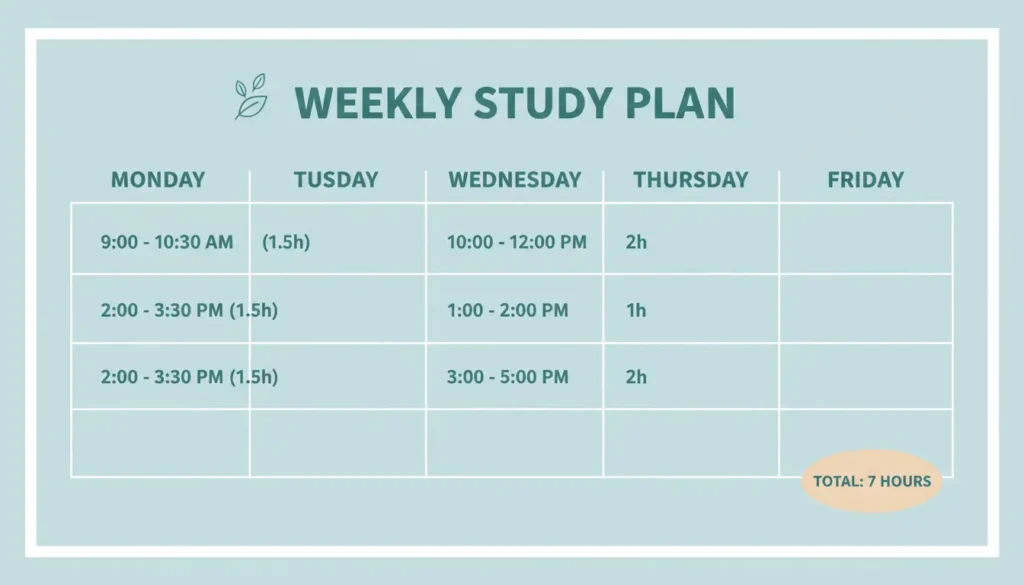Weekly study plan shown as a grid for Monday–Friday with study blocks totaling 7 hours