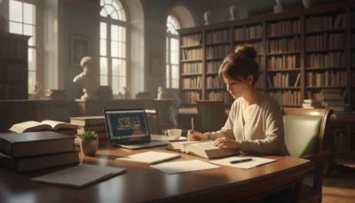 Woman studying at a library desk with a laptop displaying Arabic script, surrounded by books and a cup of coffee in warm light. (informative)