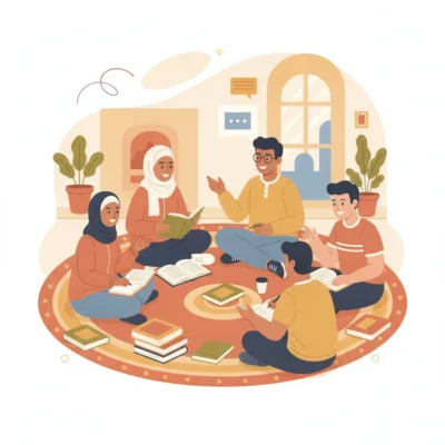 A diverse group of five people sitting on a circular rug, reading and discussing books in a cozy room.",