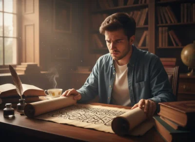 A man studies an old parchment scroll with a quill and ink on a wooden desk, in a library setting.
