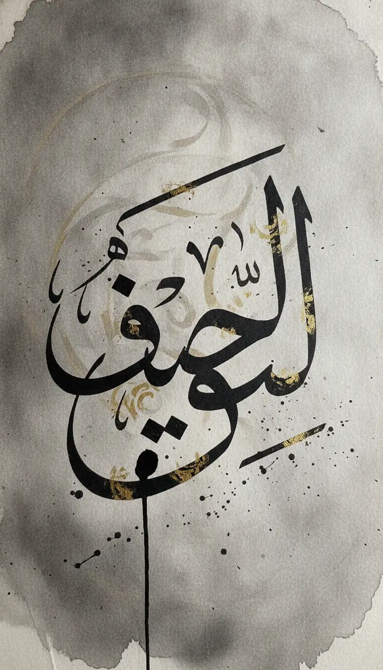 Abstract Arabic calligraphy artwork with bold black letters, gold accents, and a gray watercolor background.