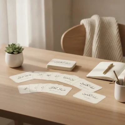 Arabic vocabulary flashcards spread on a light wooden desk, with a small potted succulent and an open notebook nearby as a study setup.