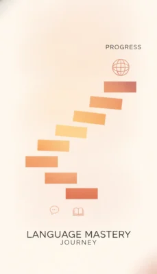 Brand cover image for 'Language Mastery Journey' showing a gradient orange staircase rising toward a globe, with small chat and book icons at the bottom.