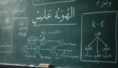 Chalkboard with an Arabic grammar lesson showing a diagram of noun phrases and verb conjugation, labeled in English as 'Noun Phrase' and 'Verb Conjugation'.